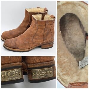 Ugg Mercer Women Brown Distressed Sz 9 Leather Sheepskin Fully Lined Warm Zip